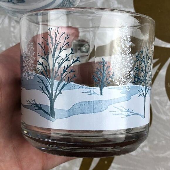 Vintage 1970's Anchor Hocking Blue White Winter Tree Glass Coffee Tea Mugs Cups - Picture 9 of 10